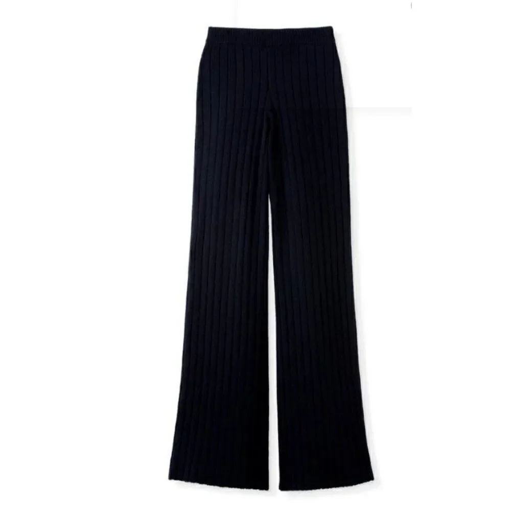 St. John Womens Knit Wide Leg Ribbed Pants L Navy Blue 100% Wool K814023 NWT - Picture 5 of 10